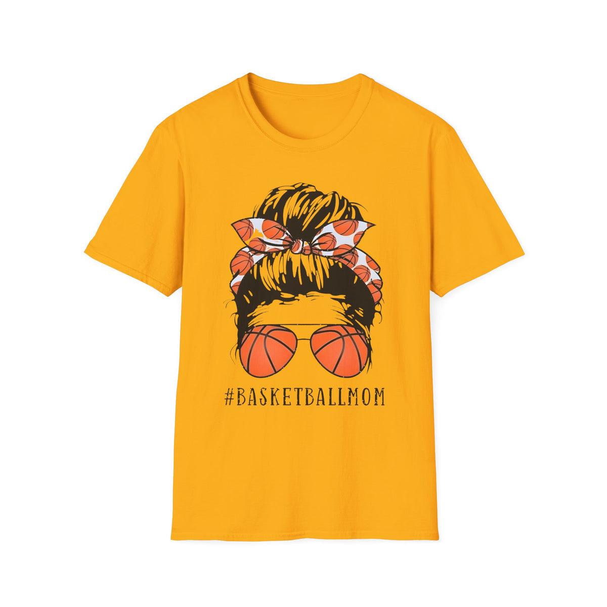 Basketball Mom Graphic T-Shirt — Messy Bun with Basketball Sunglasses