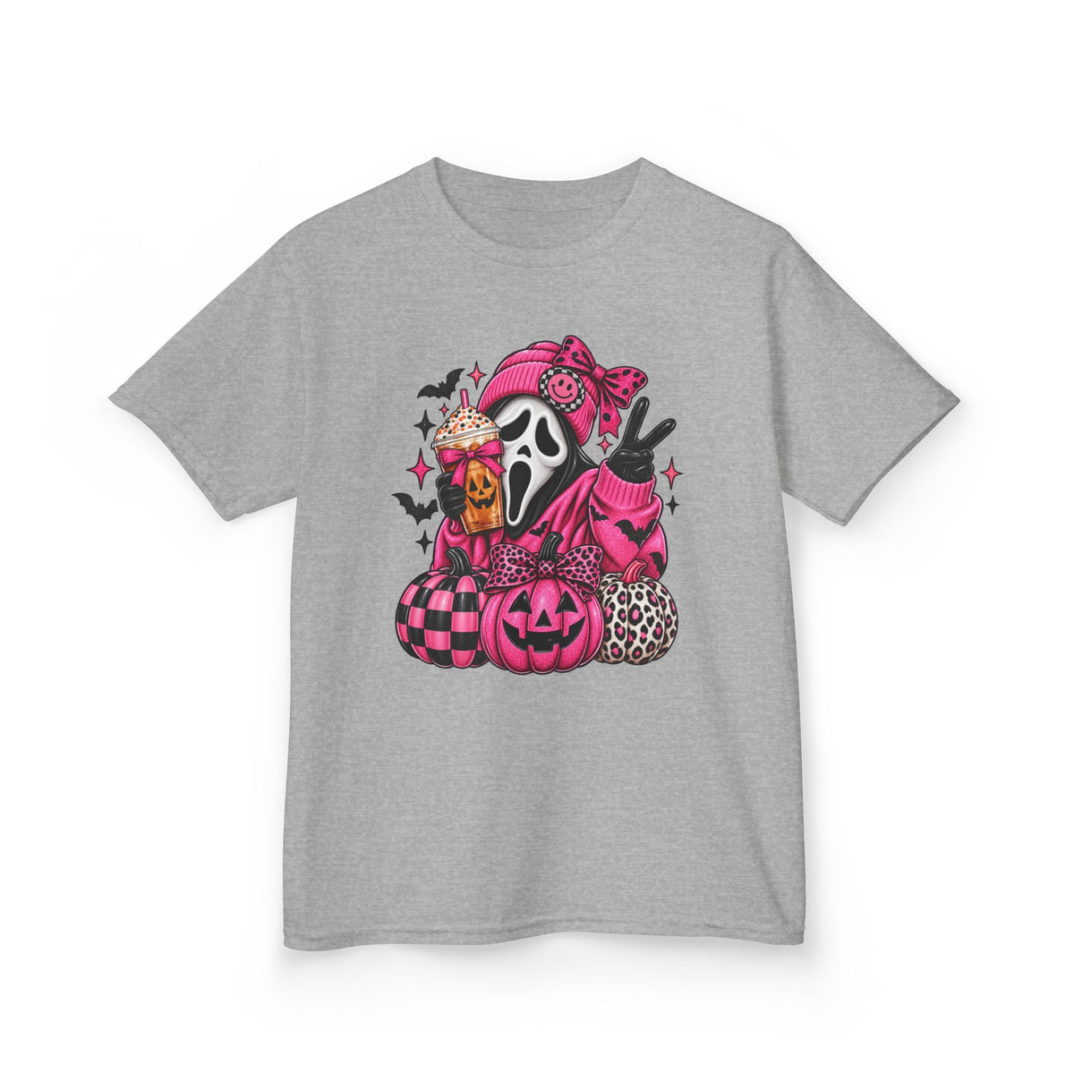Kids Halloween Scream Mask Tee — Pink Cute Ghost Pumpkin Graphic Shirt