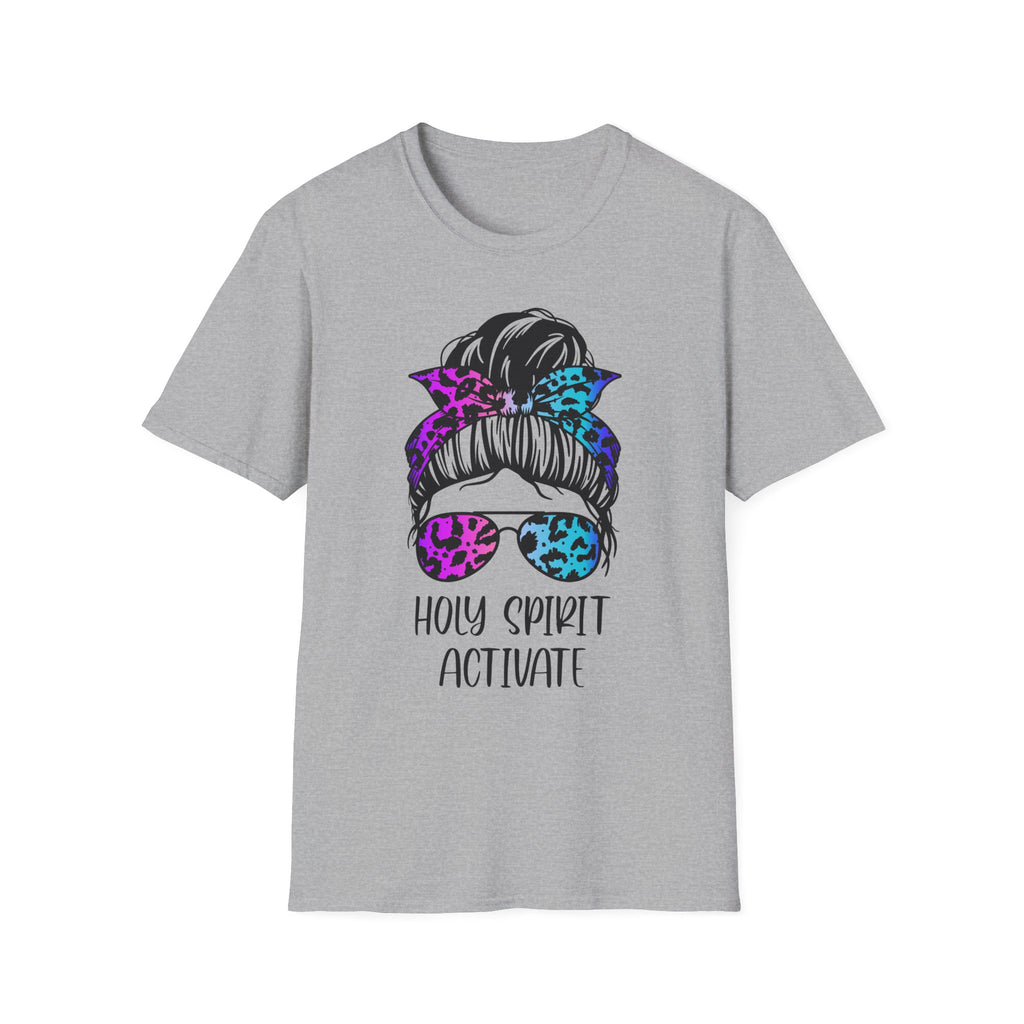 T-Shirt — Holy Spirit Activate Messy Bun Graphic Tee (Leopard Bow & Sunglasses)