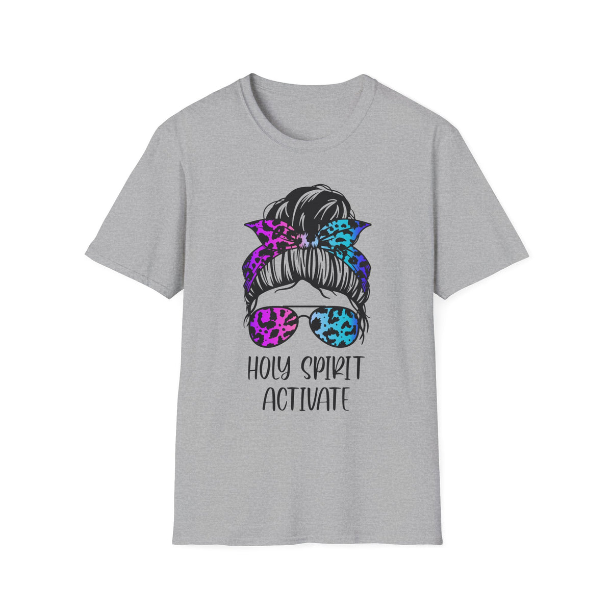 T-Shirt — Holy Spirit Activate Messy Bun Graphic Tee (Leopard Bow & Sunglasses)