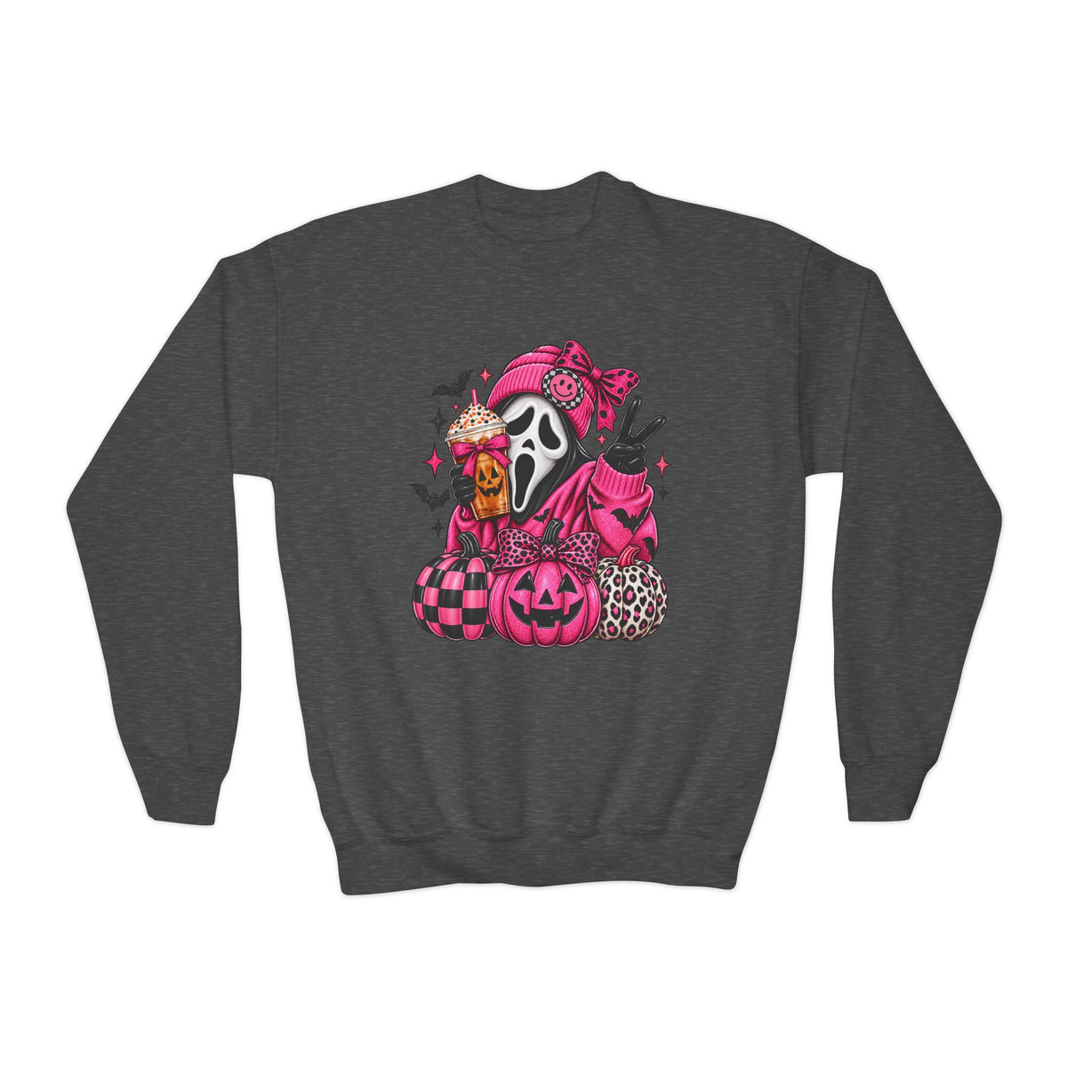 Youth Halloween Crewneck Sweatshirt - Pink Scream Mask Pumpkin Design