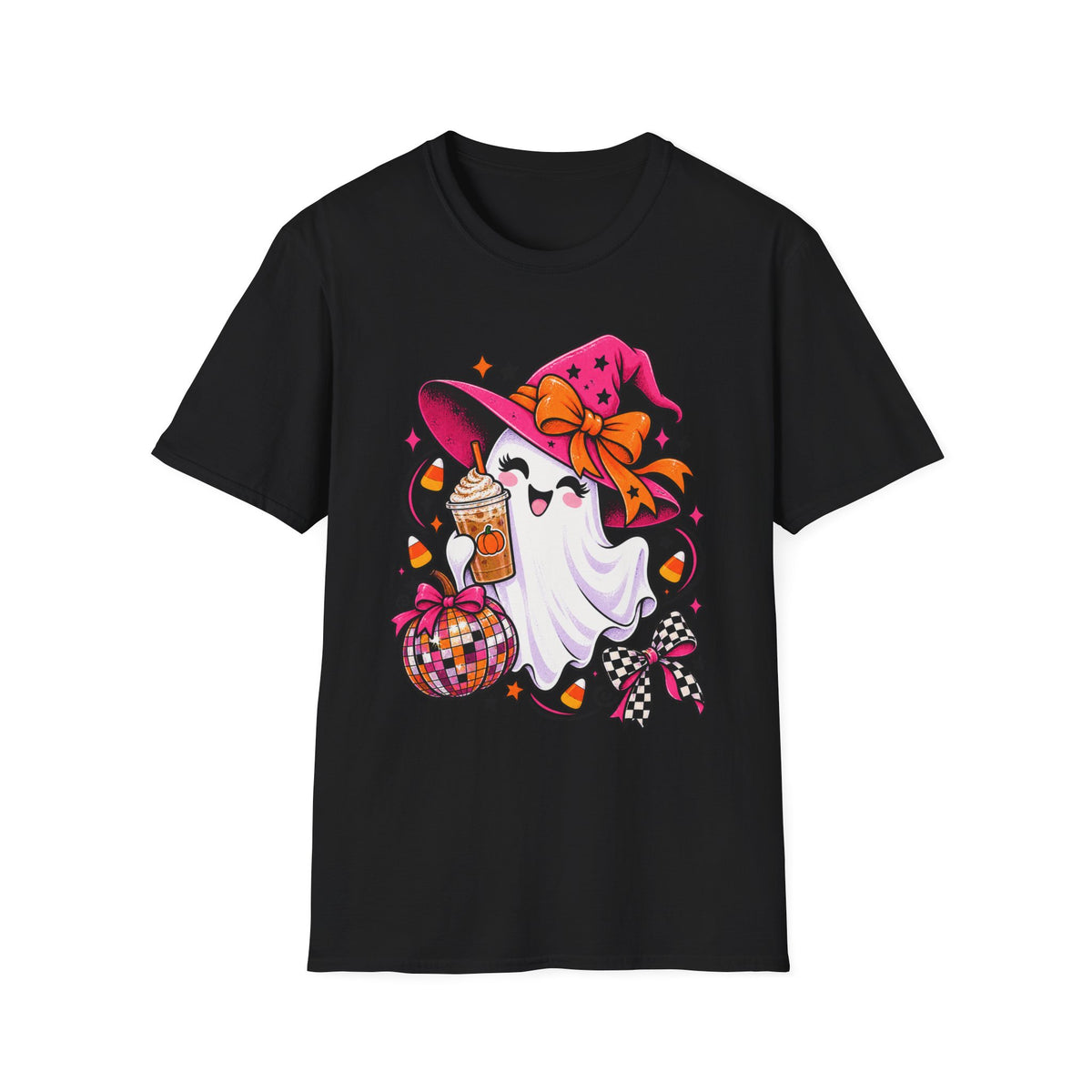 Cute Halloween Ghost Tee — Witch Hat, Candy & Pumpkin Latte Graphic T-Shirt