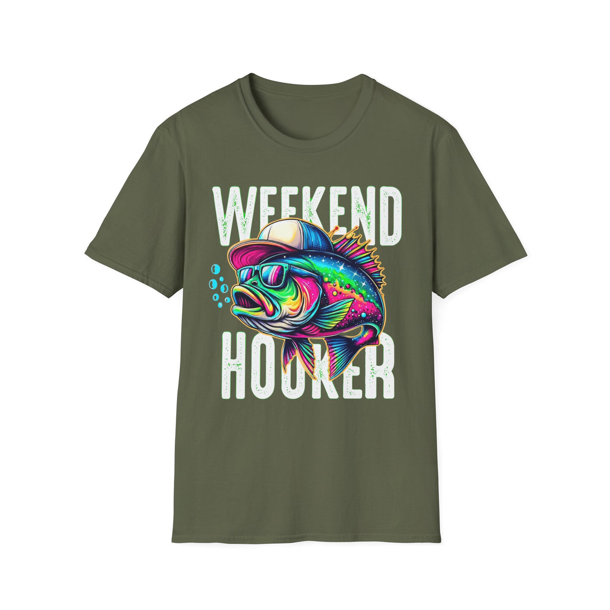 Weekend Hooker T-Shirt — Colorful Fishing Fish Graphic Tee for Anglers & Beach Days
