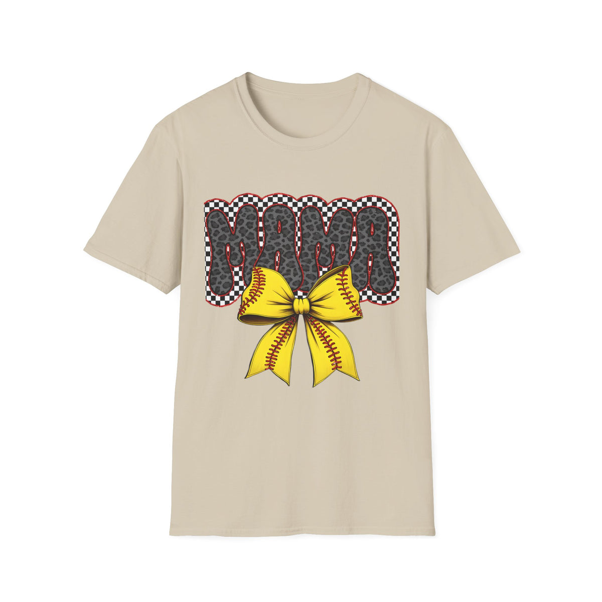 Mama Softball Tee — 'MAMA' Leopard Print with Yellow Stitch Bow
