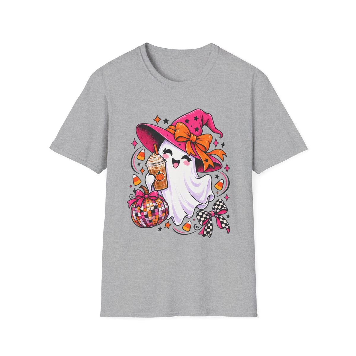 Cute Halloween Ghost Tee — Witch Hat, Candy & Pumpkin Latte Graphic T-Shirt