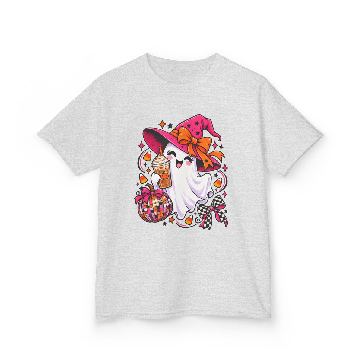 Kids Halloween Ghost T‑Shirt — Cute Witch Hat Ghost with Candy Basket