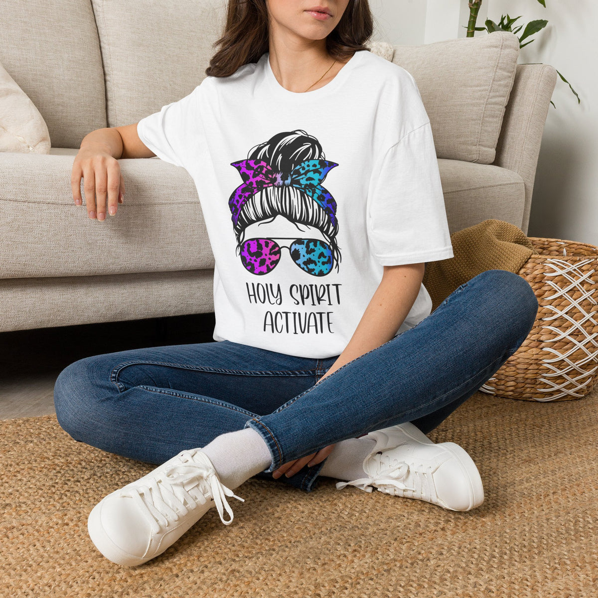 T-Shirt — Holy Spirit Activate Messy Bun Graphic Tee (Leopard Bow & Sunglasses)