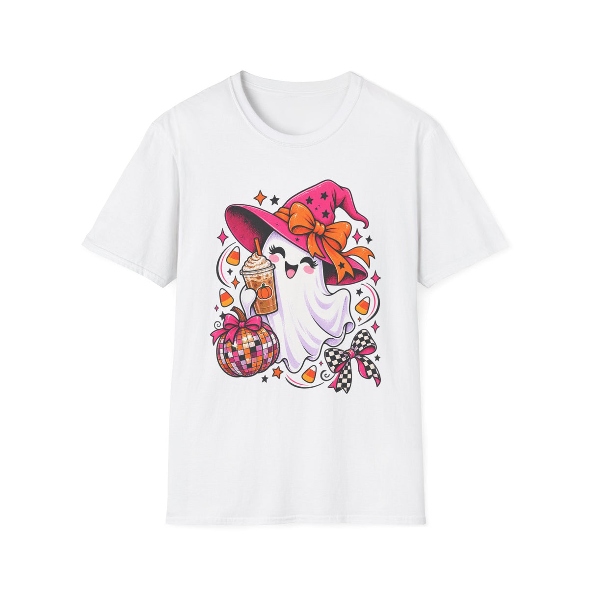 Cute Halloween Ghost Tee — Witch Hat, Candy & Pumpkin Latte Graphic T-Shirt