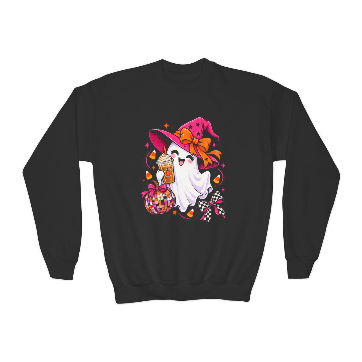Kids' Halloween Ghost Crewneck Sweatshirt – Cute Ghost in Witch Hat Pumpkin Candy Design