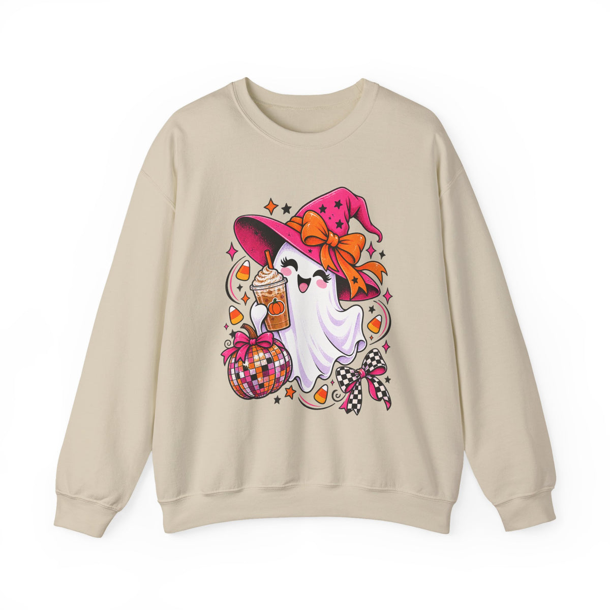 Cute Halloween Ghost Sweatshirt – Witch Hat, Pumpkin & Cozy Fall Sweets Design