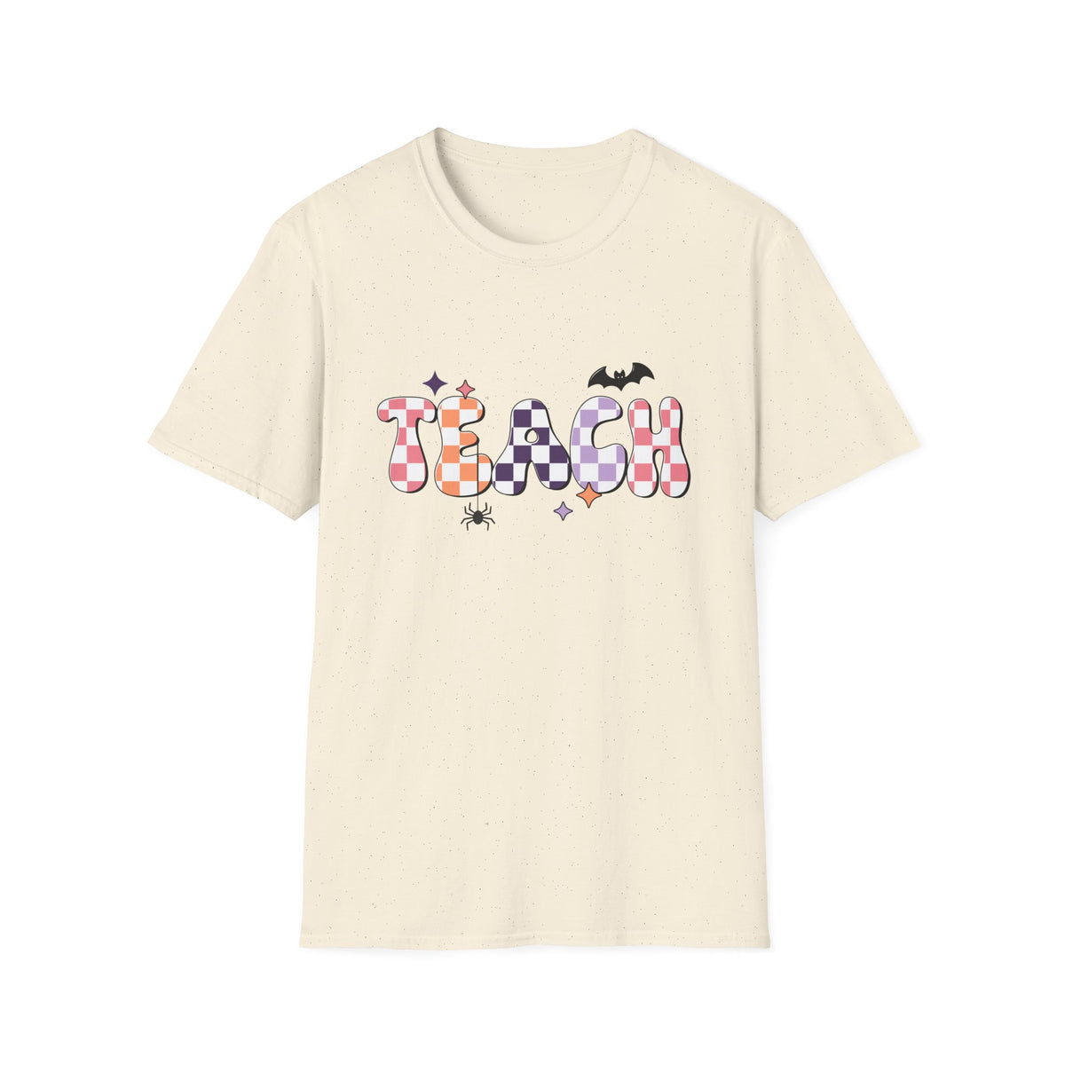 Halloween Teacher T-Shirt — Colorful Checker ‘TEACH’ Design with Bat & Spider