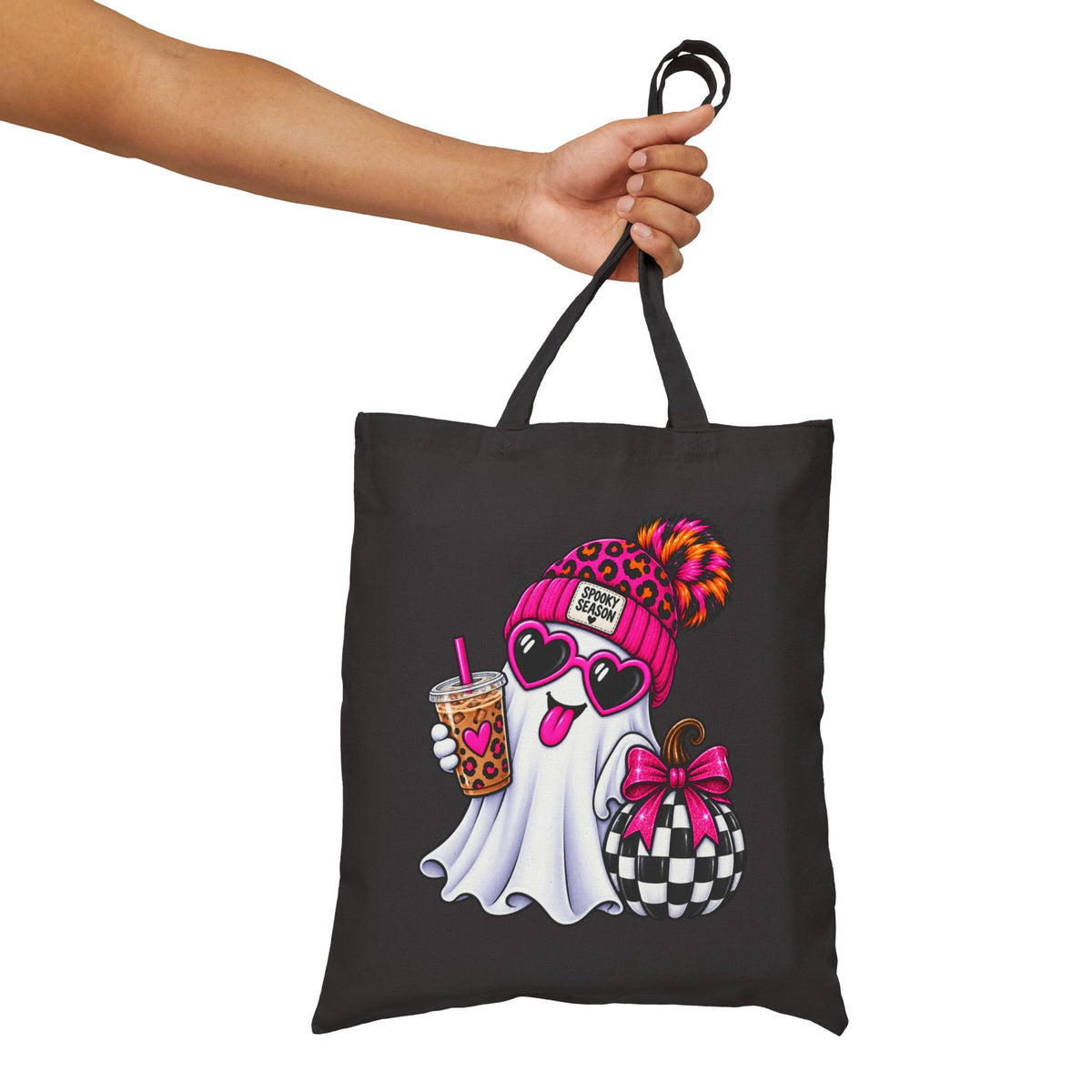 Cute Ghost Tote Bag - Trendy Leopard Beanie Ghost with Bubble Tea & Gift Canvas Tote
