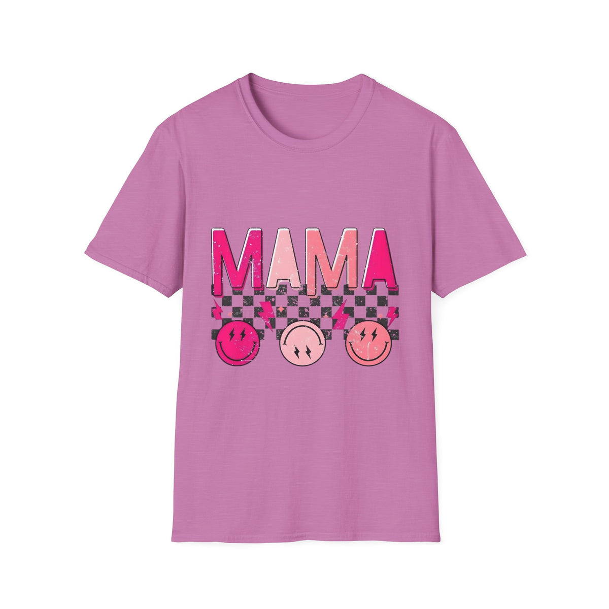 Mama Graphic T-Shirt — Pink Checkerboard Smiley Design