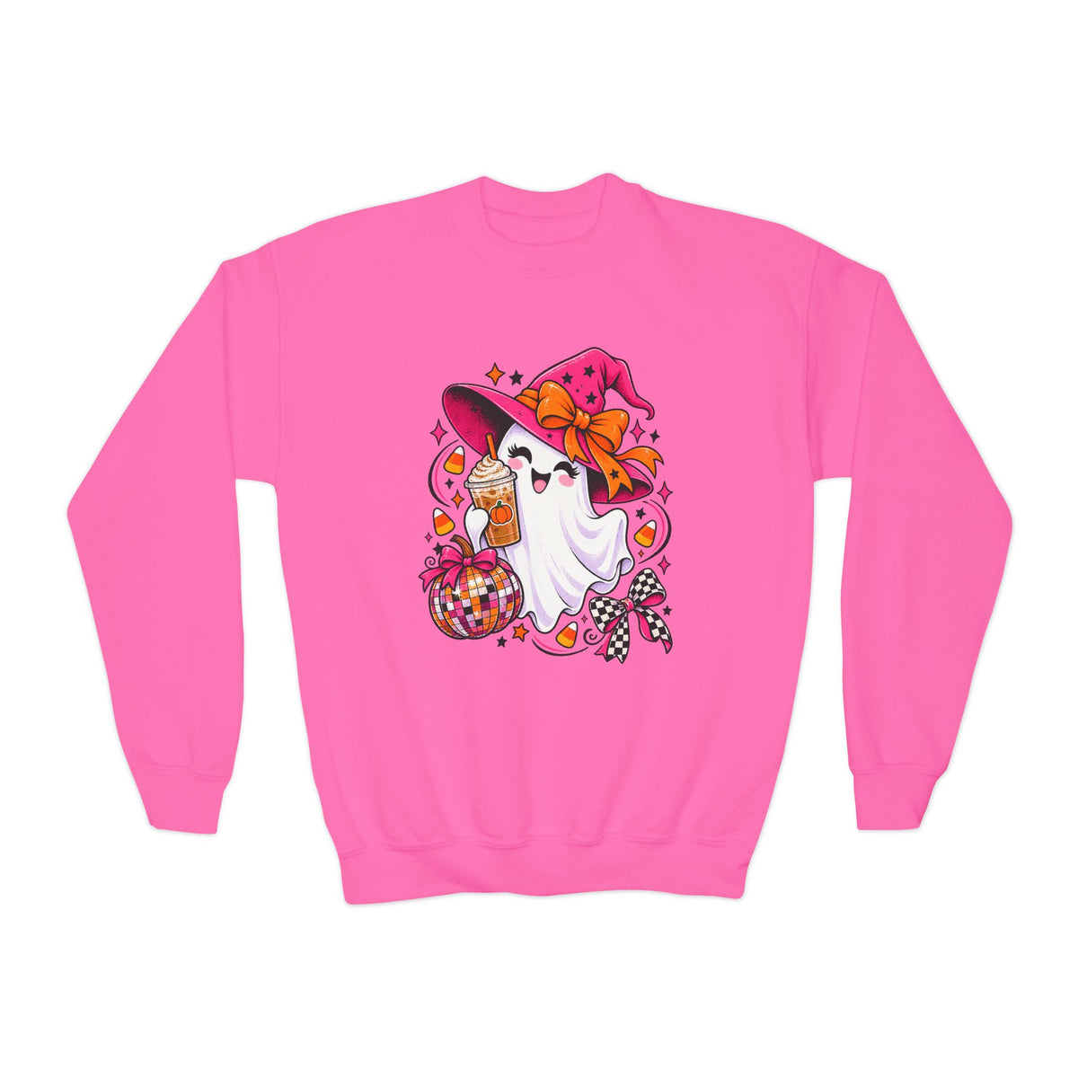 Kids' Halloween Ghost Crewneck Sweatshirt – Cute Ghost in Witch Hat Pumpkin Candy Design