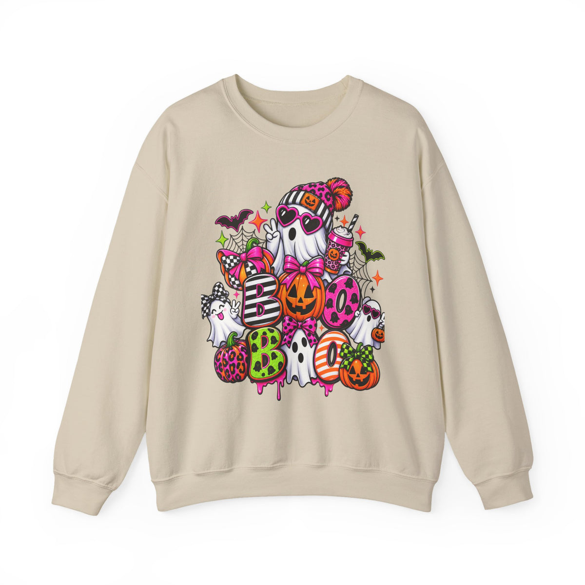 Cute Halloween Ghosts Crewneck Sweatshirt — Colorful Pumpkin & Candy Graphic