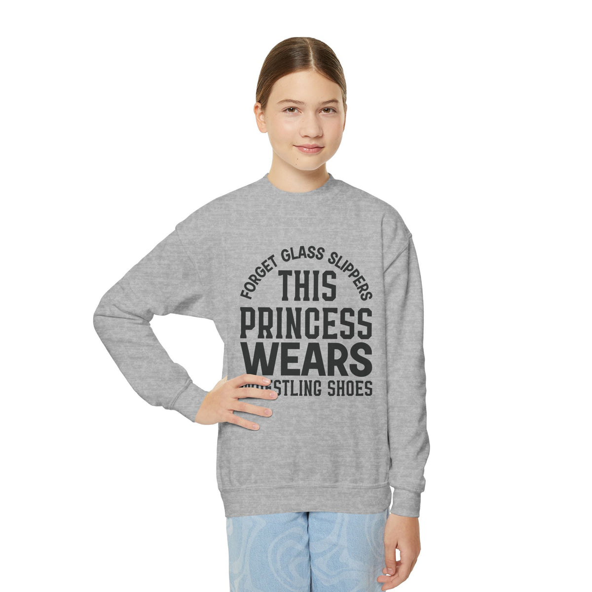 Youth Sweatshirt — "This Princess Wears Wrestling Shoes" Athletic Crewneck