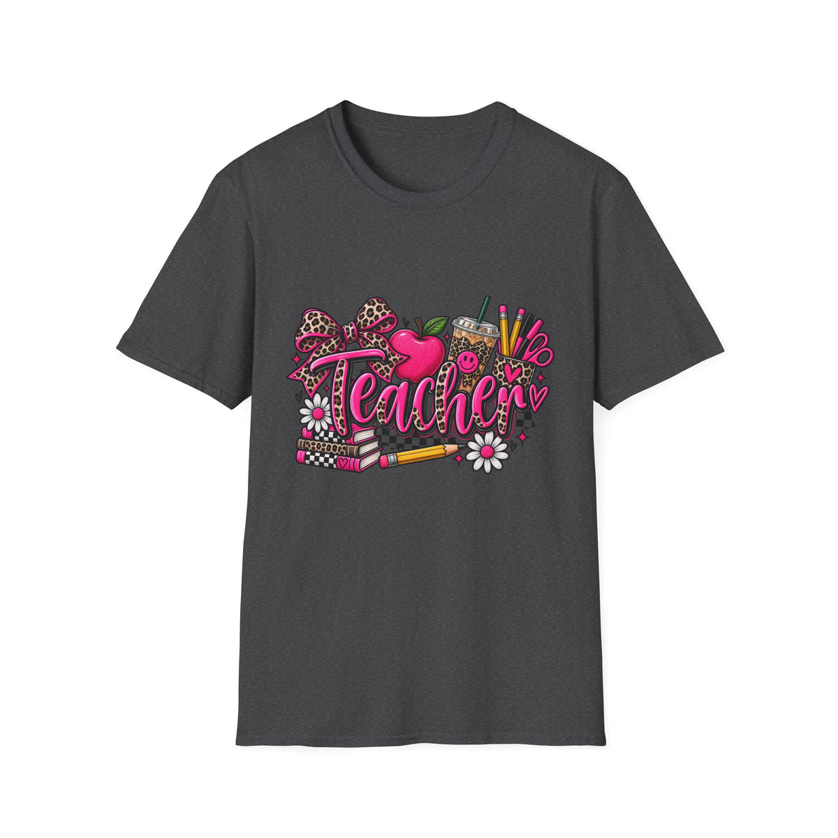 Teacher Graphic T-Shirt — Leopard Print Apple & School Supplies Design