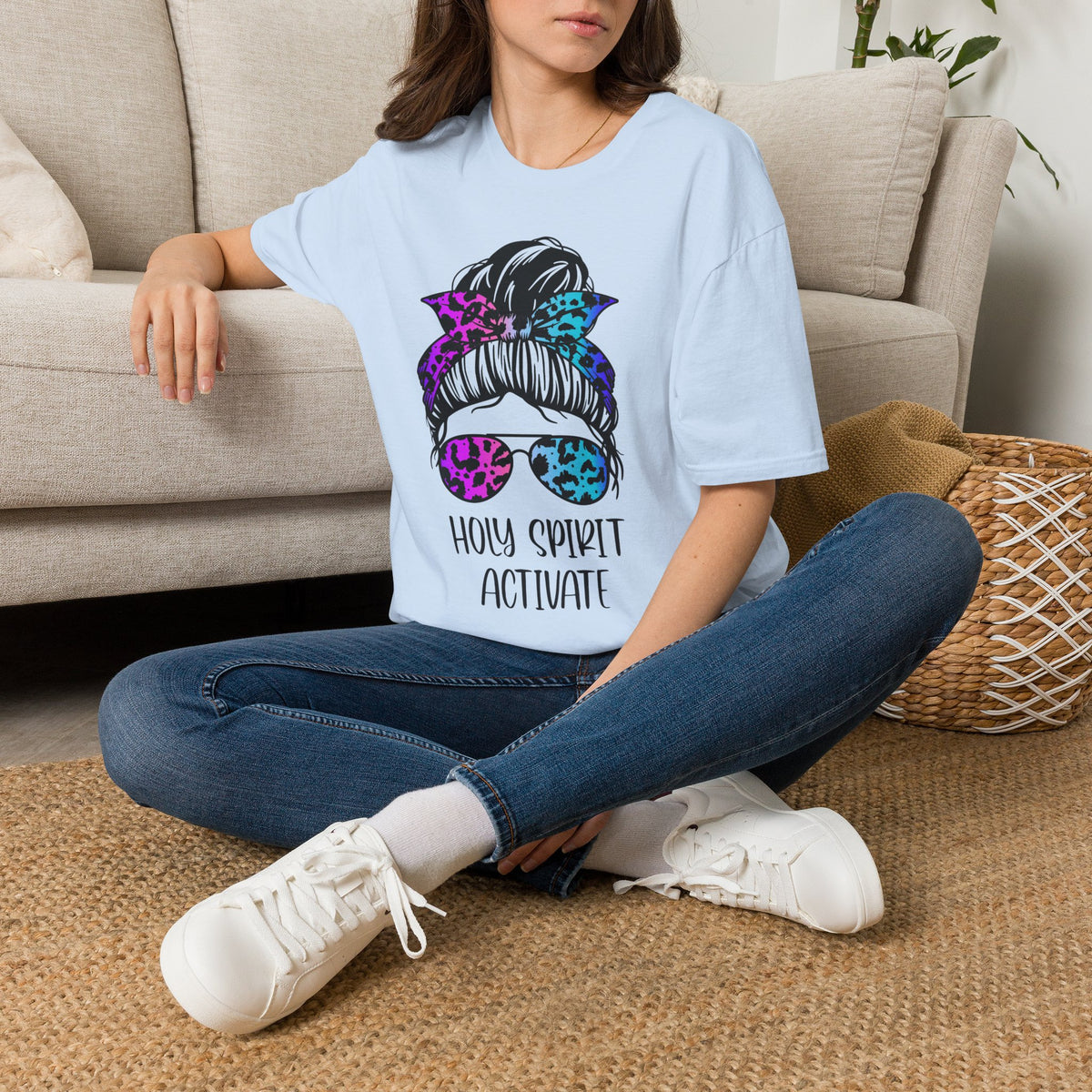 T-Shirt — Holy Spirit Activate Messy Bun Graphic Tee (Leopard Bow & Sunglasses)