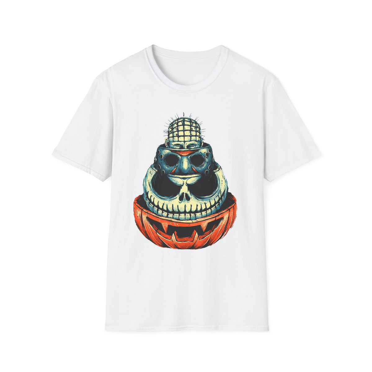 Skull Pumpkin Stack T‑Shirt — Halloween Horror Graphic Tee