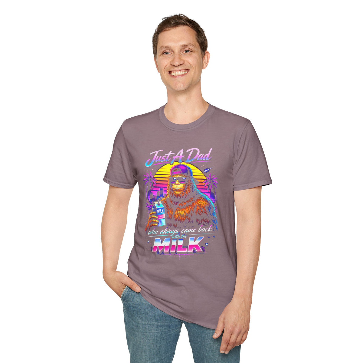Just A Dad Neon Graphic T-Shirt — Retro Bigfoot Fatherhood 'He Always Comes Back for Milk' Tee
