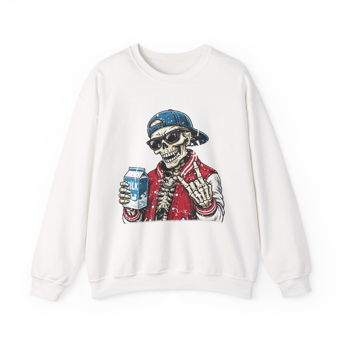 Skull Milk Crewneck Sweatshirt — Retro Skateboarding Skeleton Design