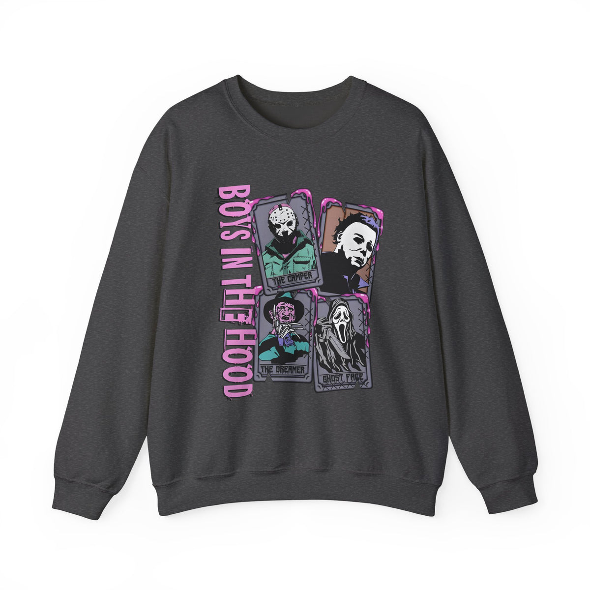 Horror Icons Crewneck Sweatshirt — "Boys in the Hood" Retro Slasher Graphic