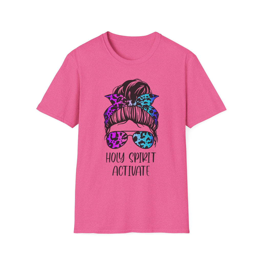 T-Shirt — Holy Spirit Activate Messy Bun Graphic Tee (Leopard Bow & Sunglasses)
