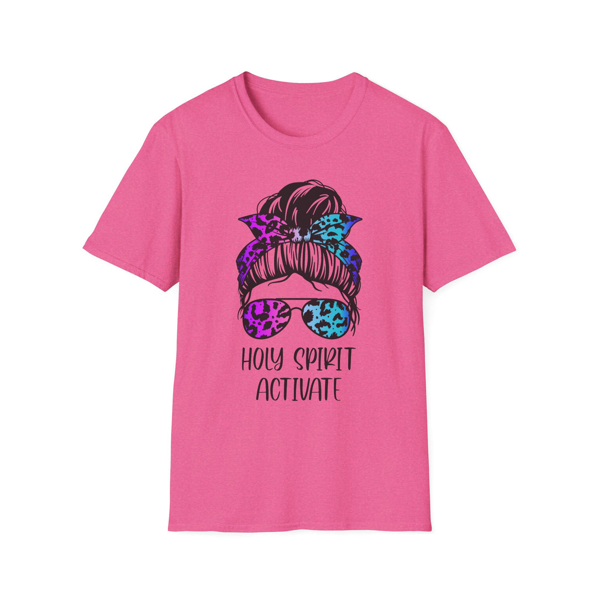T-Shirt — Holy Spirit Activate Messy Bun Graphic Tee (Leopard Bow & Sunglasses)