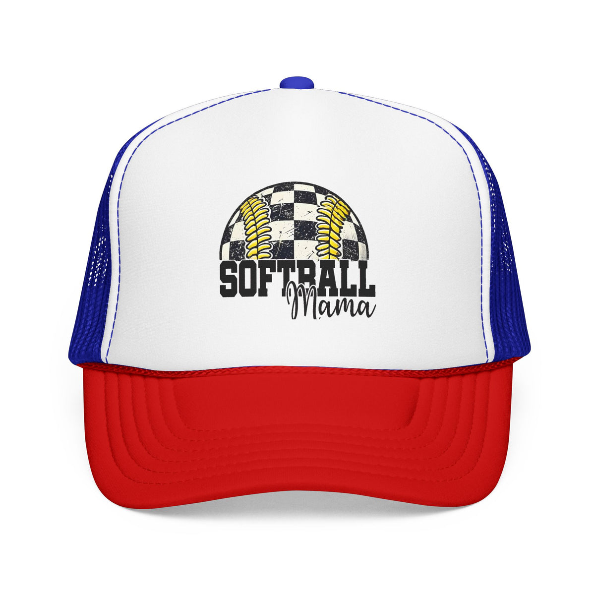 Softball Mama Trucker Hat — Checkered Softball Foam Cap for Baseball Moms
