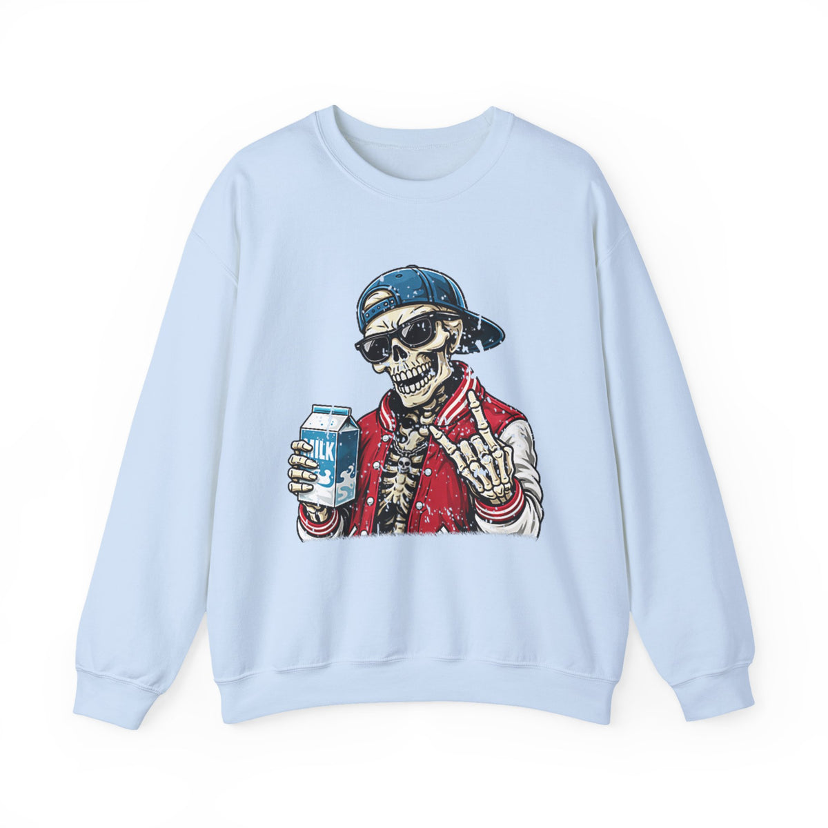 Skull Milk Crewneck Sweatshirt — Retro Skateboarding Skeleton Design