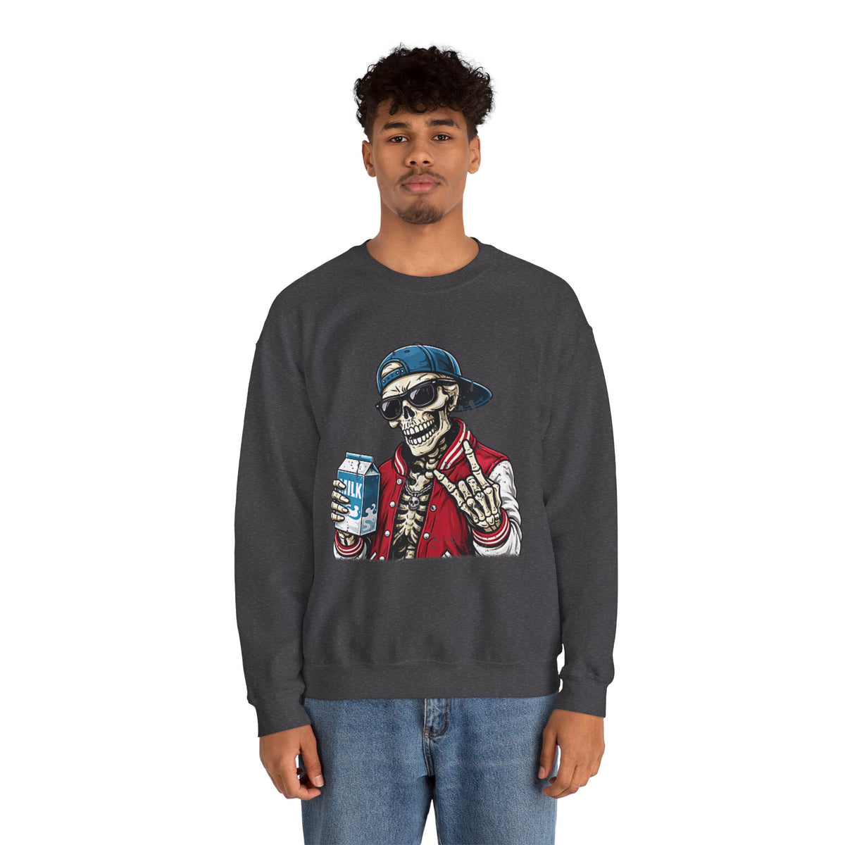 Skull Milk Crewneck Sweatshirt — Retro Skateboarding Skeleton Design