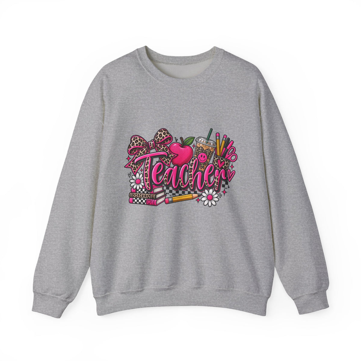 Teacher Heart Design Sweatshirt — Cute Pink Apple & School Supplies Crewneck