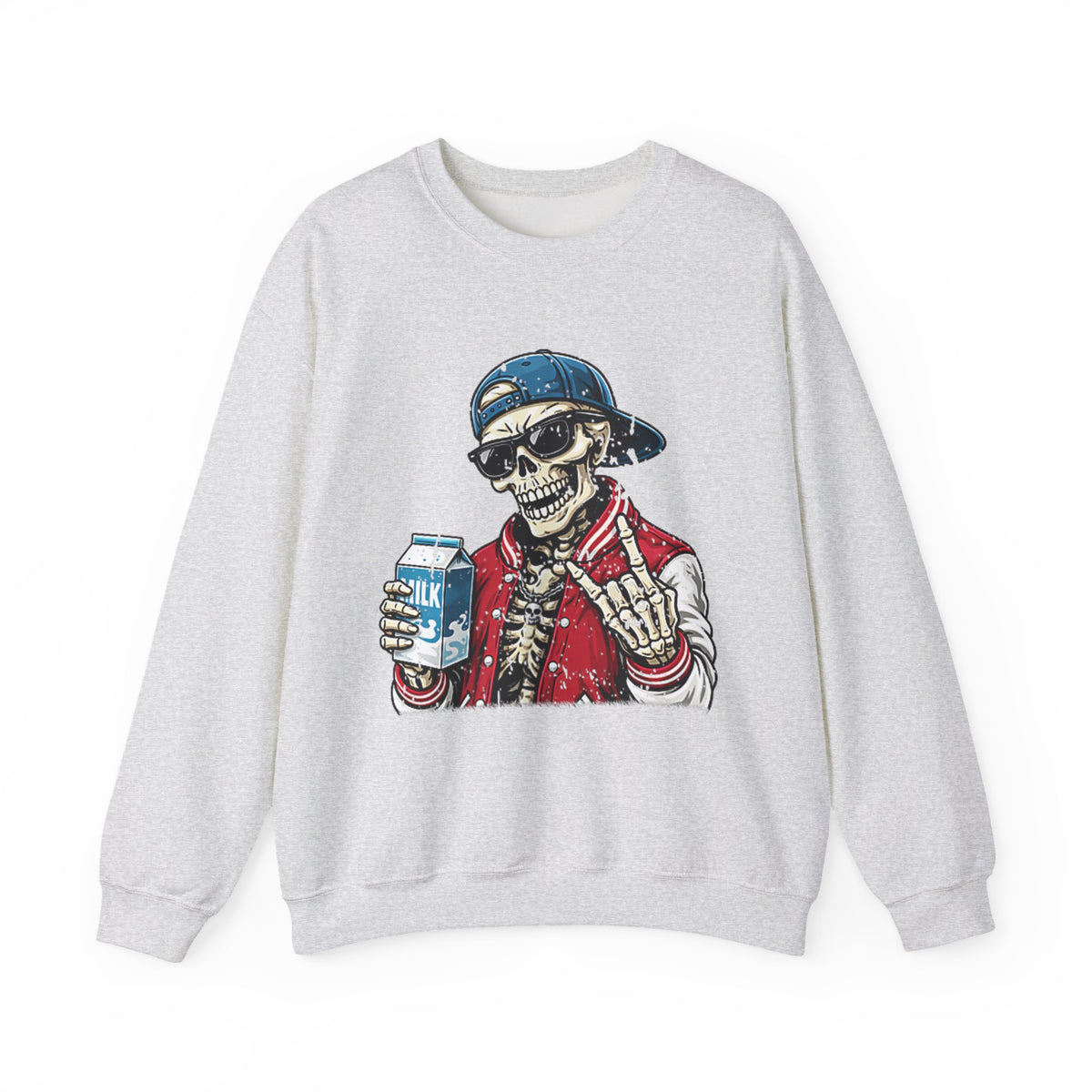 Skull Milk Crewneck Sweatshirt — Retro Skateboarding Skeleton Design