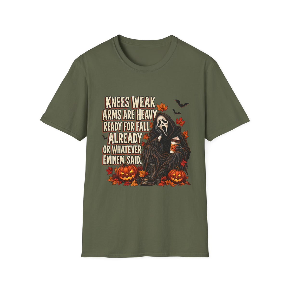 Knees Weak Arms Are Heavy Ready for Fall Already T-Shirt — Funny Halloween Pumpkin & Scream Mask Tee