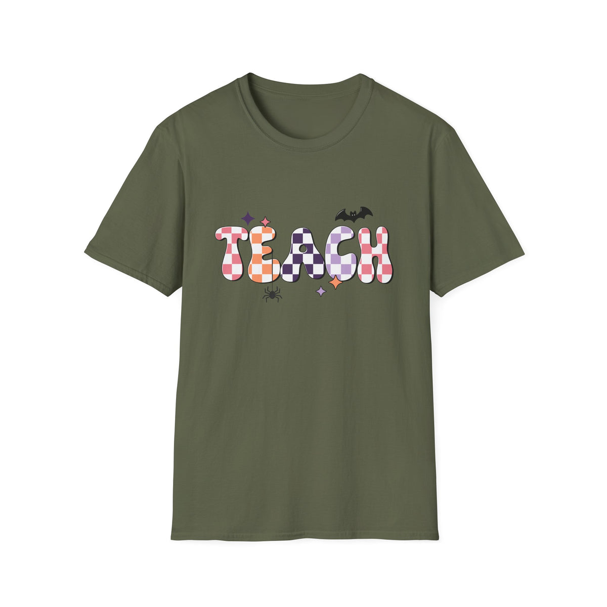 Halloween Teacher T-Shirt — Colorful Checker ‘TEACH’ Design with Bat & Spider