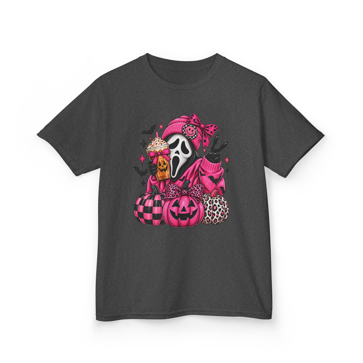 Kids Halloween Scream Mask Tee — Pink Cute Ghost Pumpkin Graphic Shirt