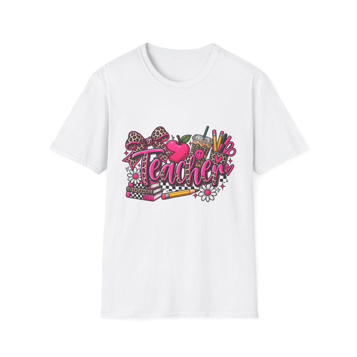 Teacher Graphic T-Shirt — Leopard Print Apple & School Supplies Design