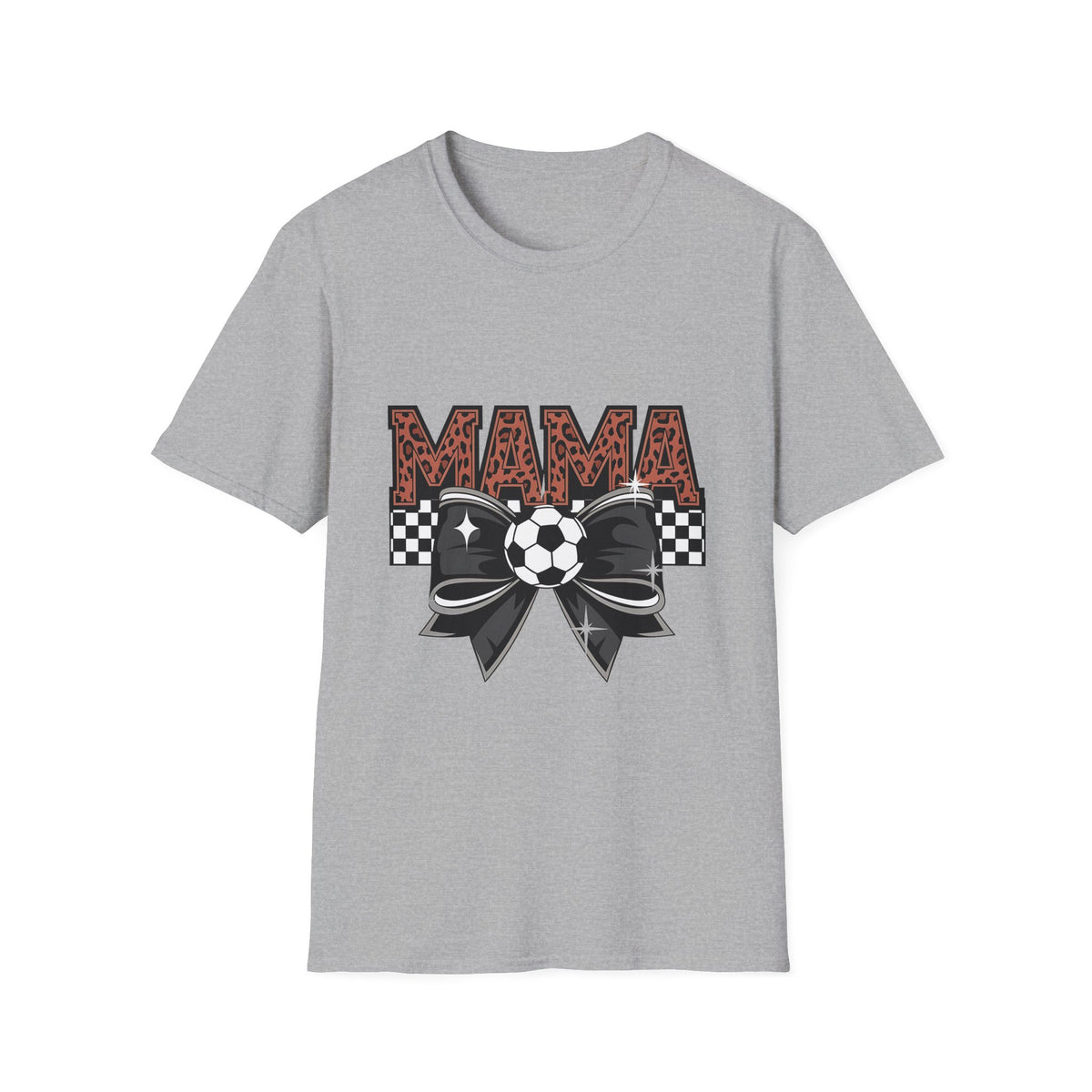Mama Soccer Mom T-Shirt — Leopard Print & Checkered Bow Design