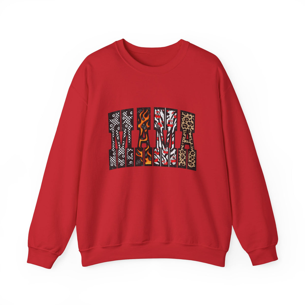 Mama Patchwork Crewneck Sweatshirt — White Graphic "MAMA" Patterned Pullover