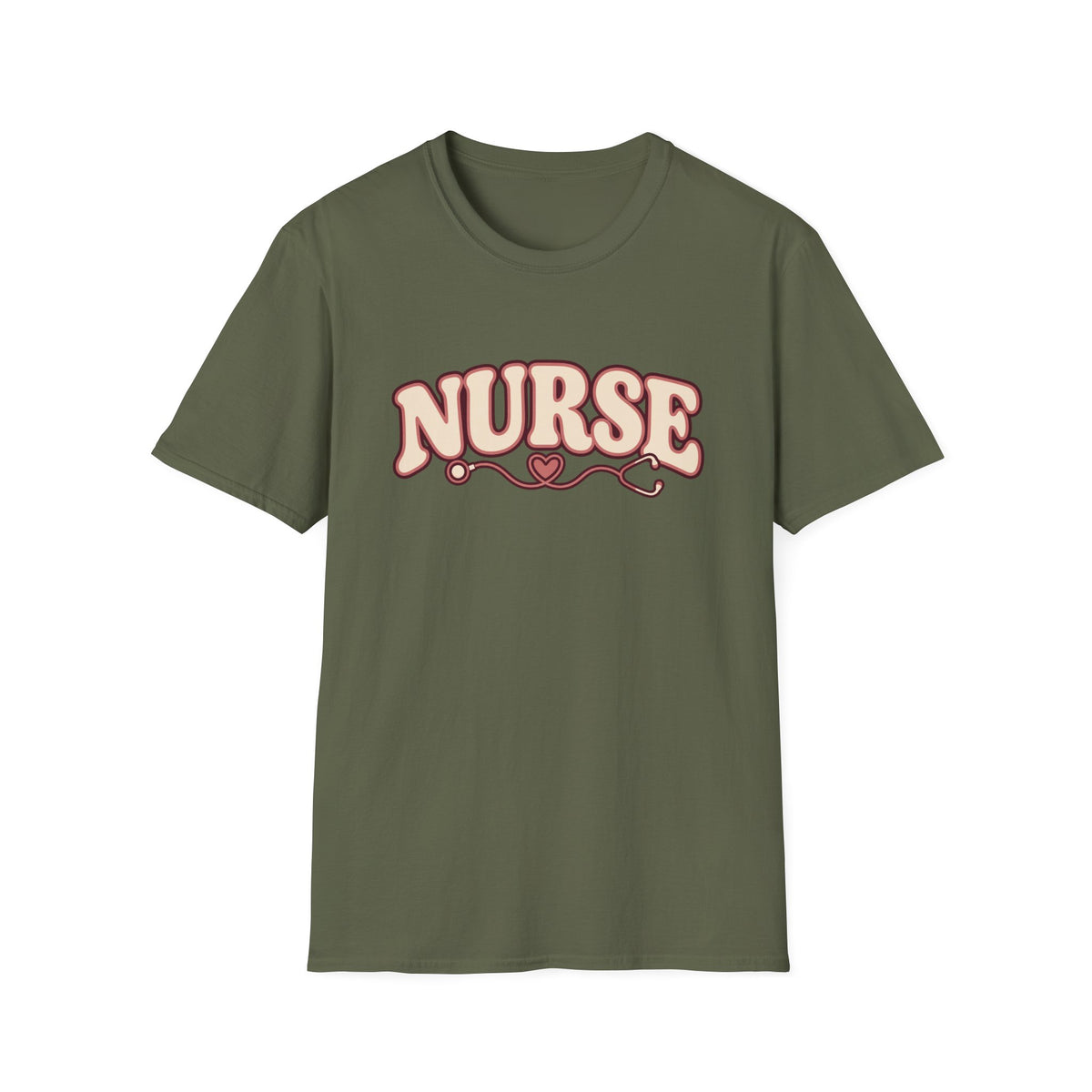 Nurse Retro Script T-Shirt — Pink Heart Stethoscope Design