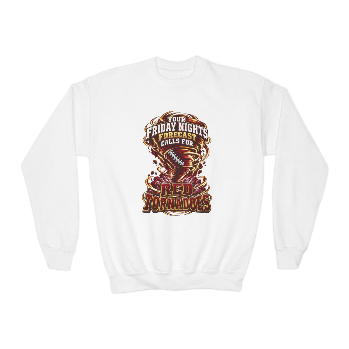 Youth Crewneck Sweatshirt — “Your Friday Nights Forecast Calls For Red Tornadoes” Football Crewneck