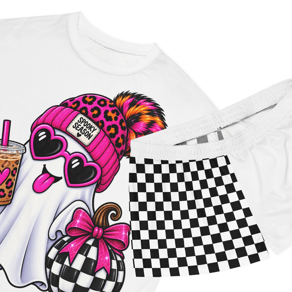 Cute Ghost Pajama Set — Women's Checkerboard Short Sleep Set with Pink Beanie & Bubble Tea Design