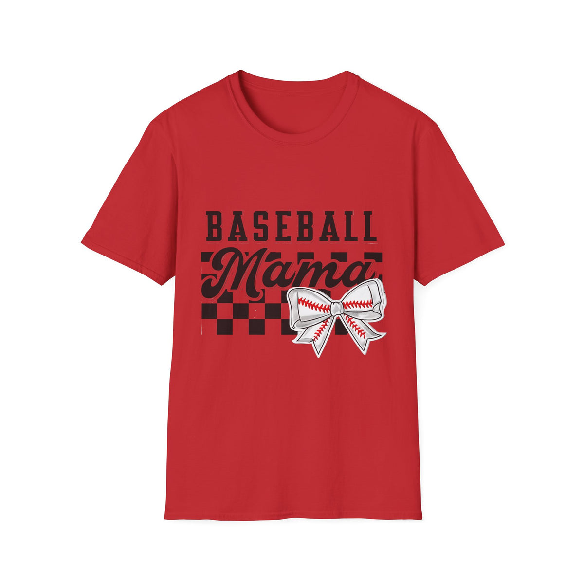 Baseball Mama T-Shirt — Checkerboard Bow Soft Tee for Baseball Moms
