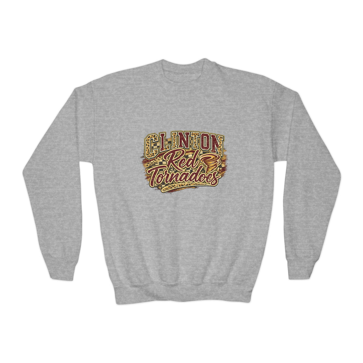 Youth Crewneck Sweatshirt - Clinton Red Tornadoes Vintage Script Graphic