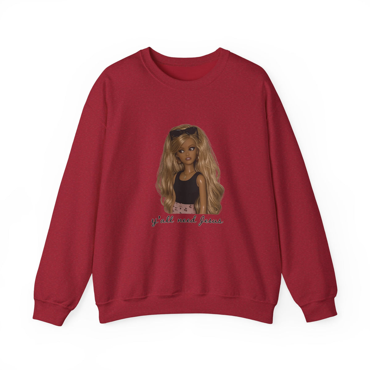 Crewneck Sweatshirt — Barbie Doll Graphic "y'all need Jesus" | Cute Faith Statement Top