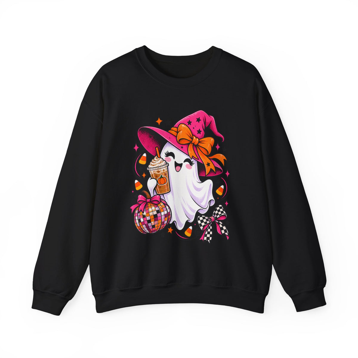 Cute Halloween Ghost Sweatshirt – Witch Hat, Pumpkin & Cozy Fall Sweets Design