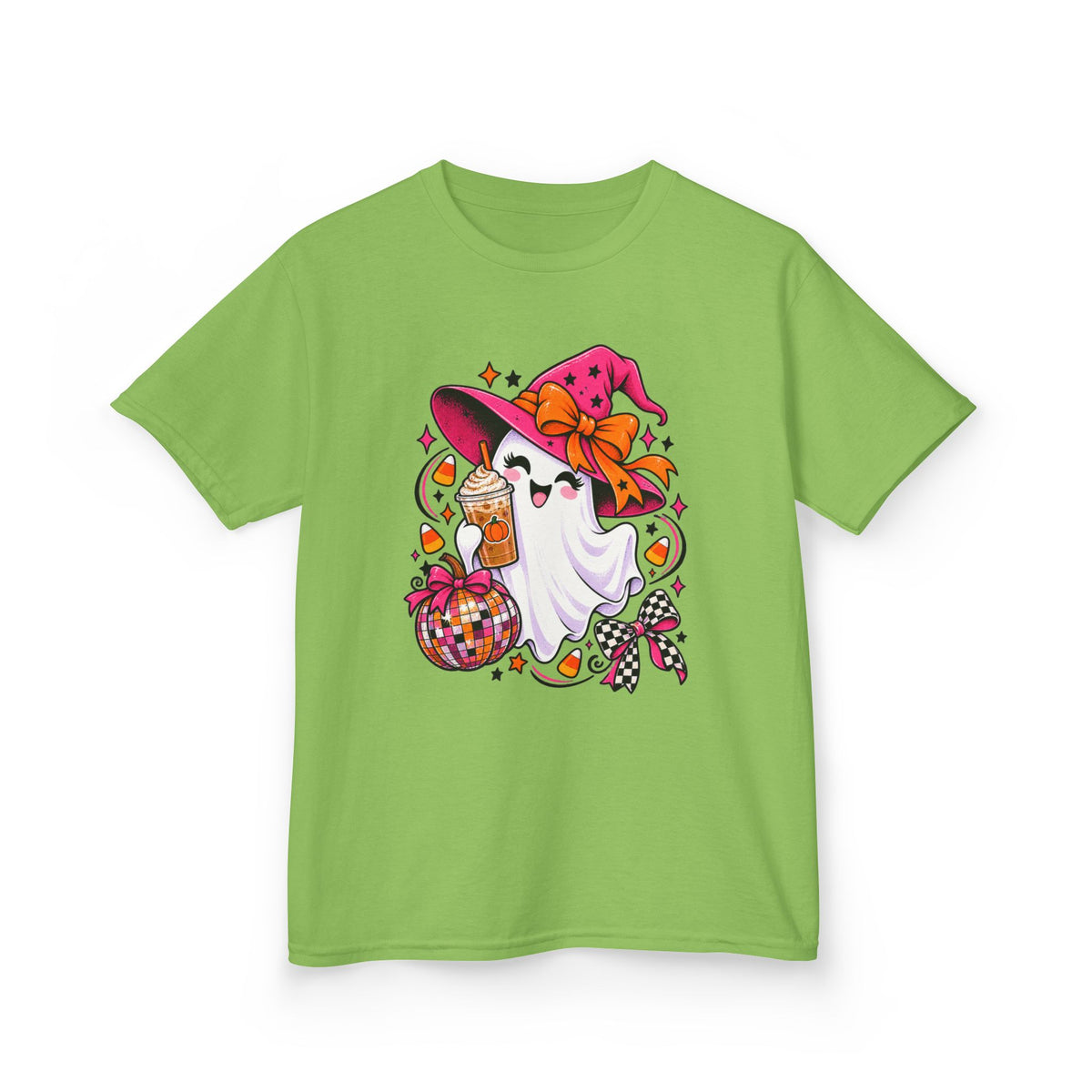 Kids Halloween Ghost T‑Shirt — Cute Witch Hat Ghost with Candy Basket
