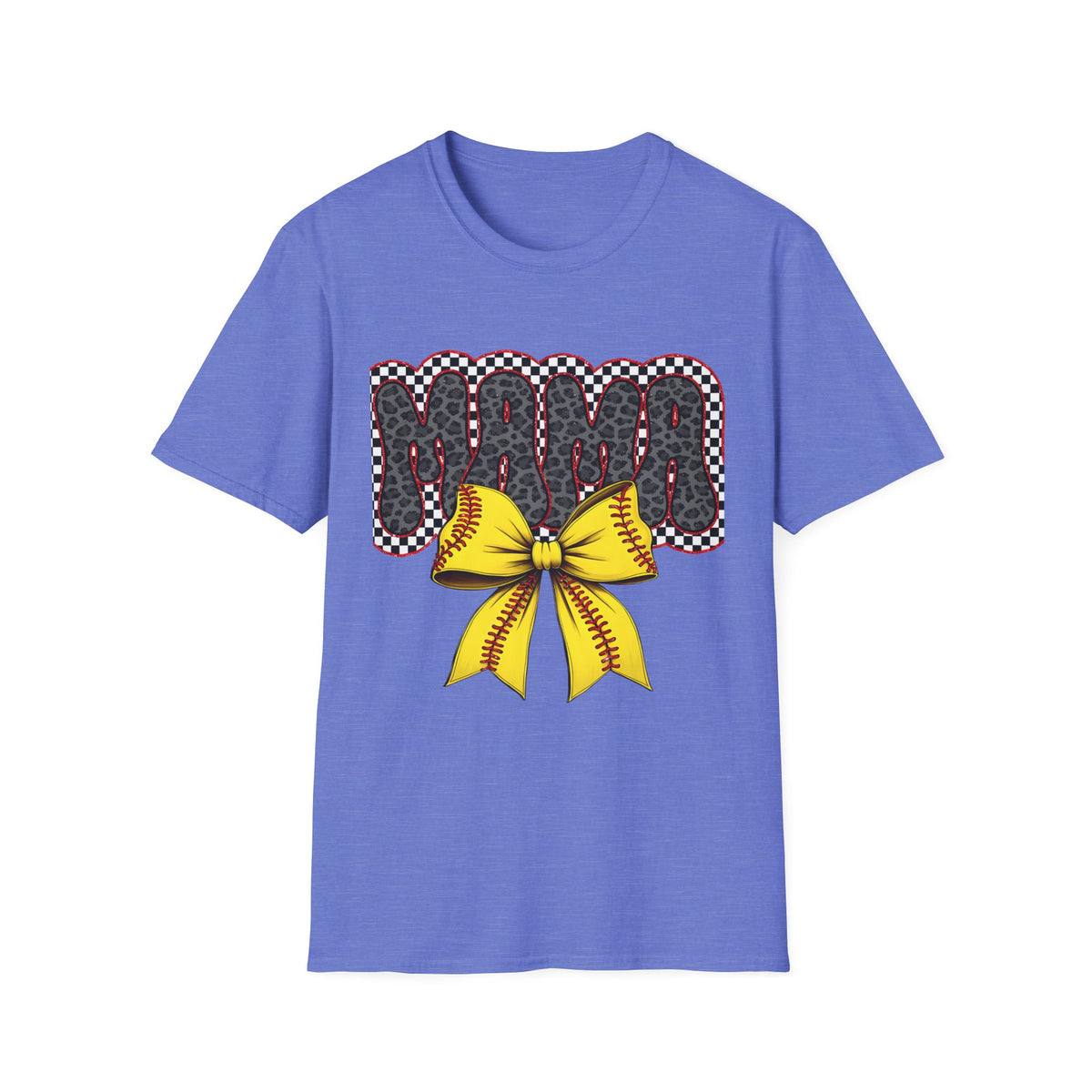 Mama Softball Tee — 'MAMA' Leopard Print with Yellow Stitch Bow