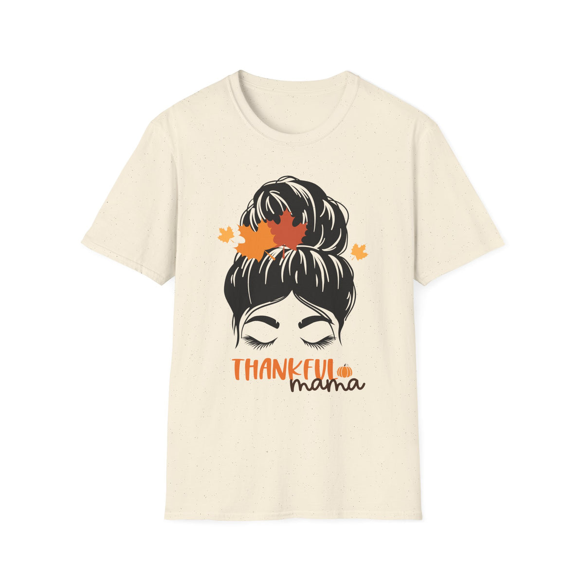 Thankful Mama T-Shirt — Messy Bun with Fall Leaves