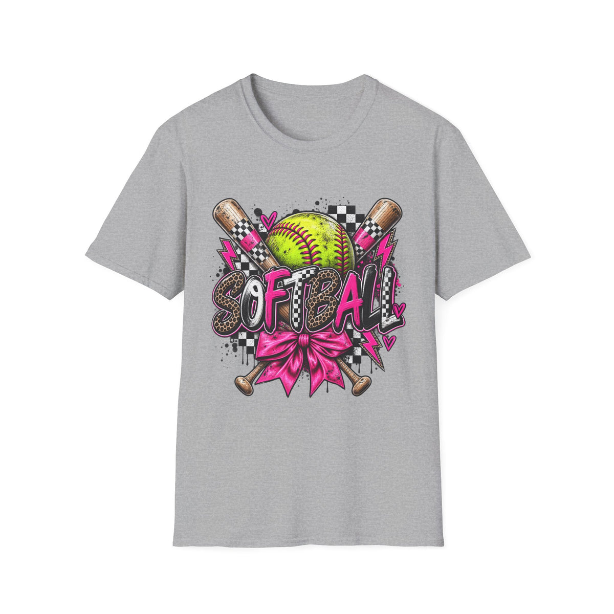 Softball Graphic Tee — Neon Softball, Bats & Bow Design
